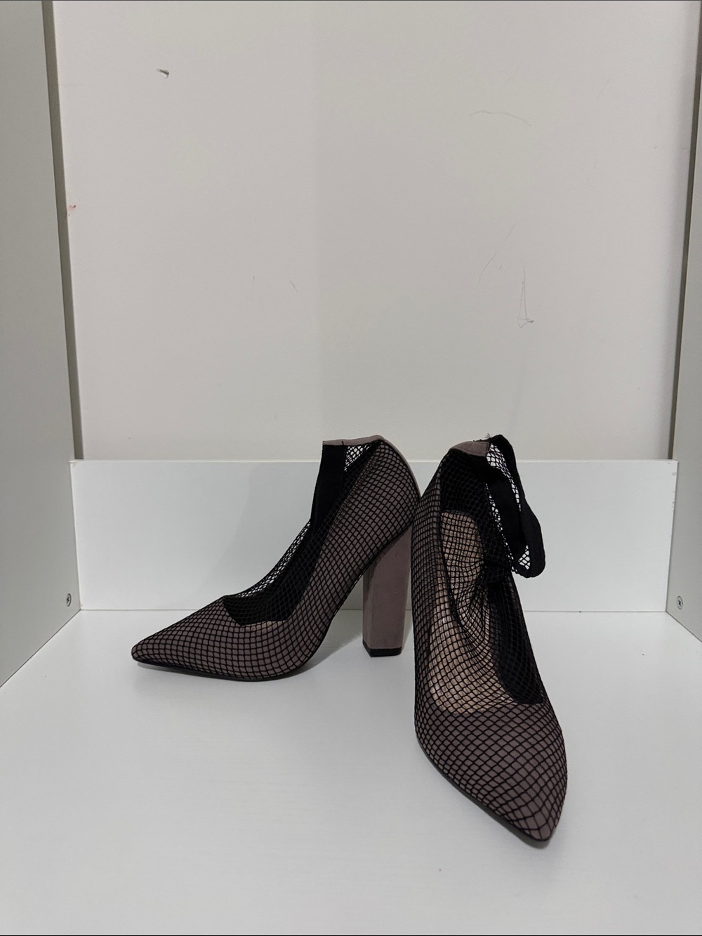 Shoe Dazzle Taupe Pointed-Toe Mesh Ankle Tie Pumps